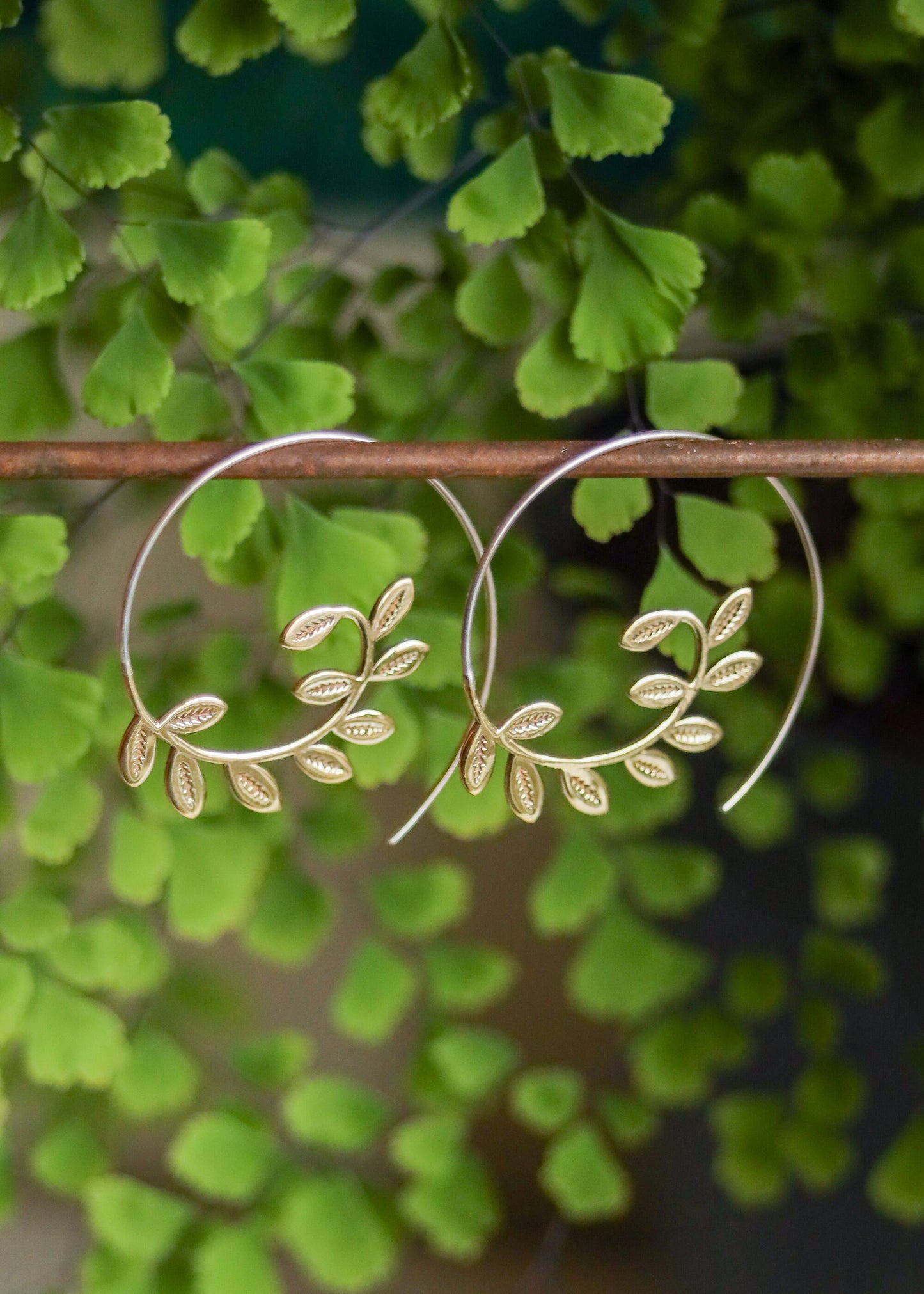 Brass Fern Spiral Earrings | Geometric Leaf Nature Inspired Jewelry | Elven Fairycore Whimsical Fantasy Cottagecore | Boho Gold Vine Hoops