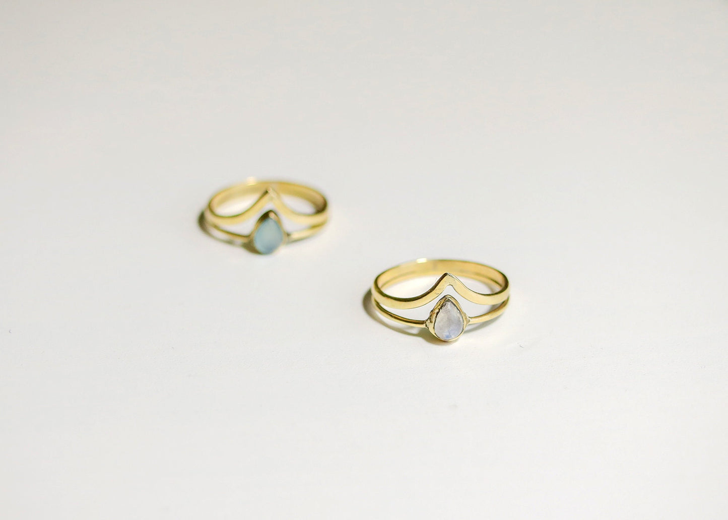Double Band Elven Gemstone Ring | Fairycore Whimsical Jewelry | Rainbow Moonstone Chalcedony Teardrop Healing Crystal | Boho Minimalist
