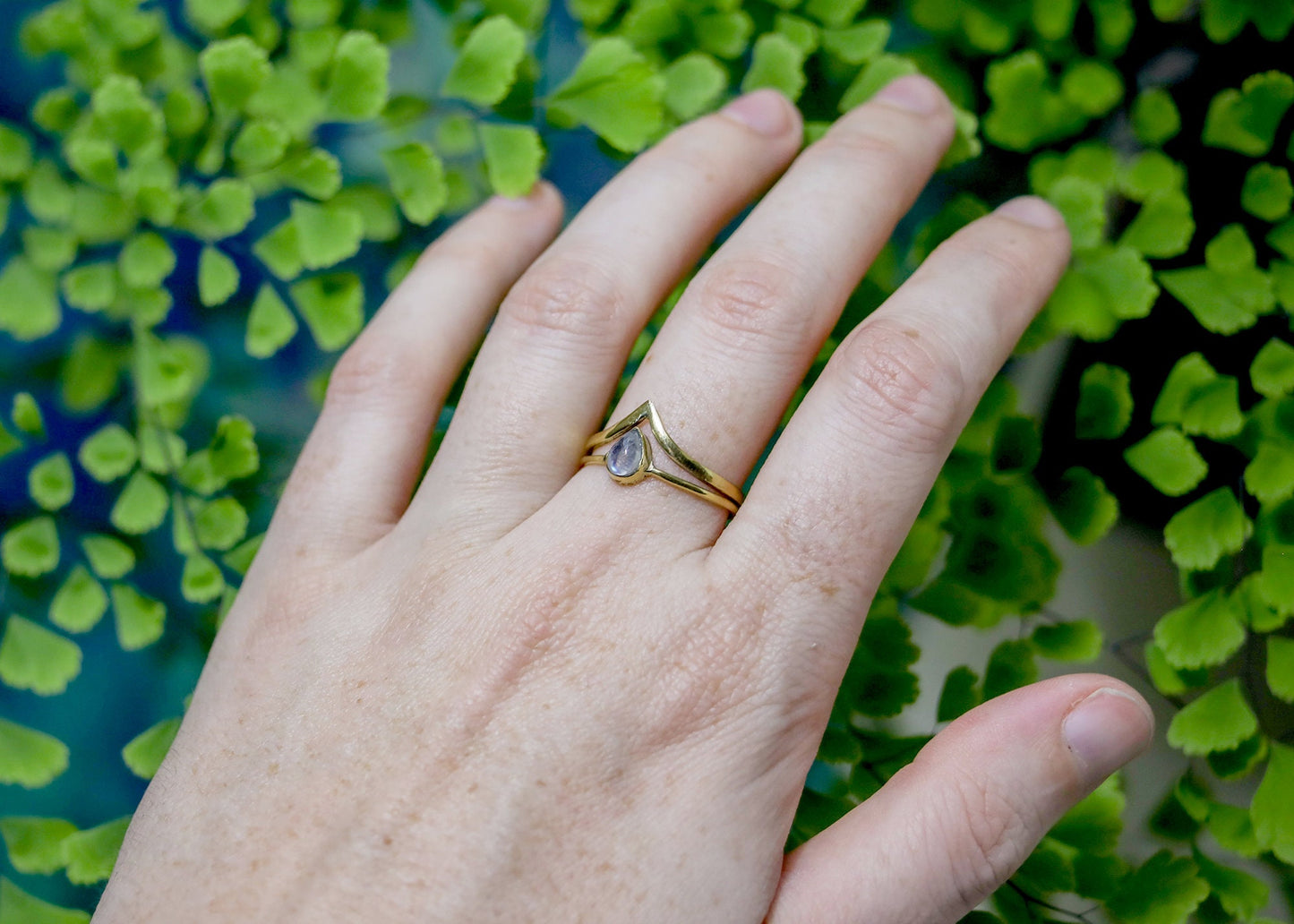 Double Band Elven Gemstone Ring | Fairycore Whimsical Jewelry | Rainbow Moonstone Chalcedony Teardrop Healing Crystal | Boho Minimalist