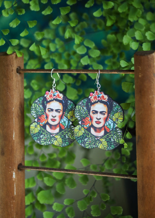 Frida Khalo Earrings | Handmade Wood Cut Dangles | Floral Artist Bold Statement Jewelry | Bohemian Cottagecore Fairycore Gifts