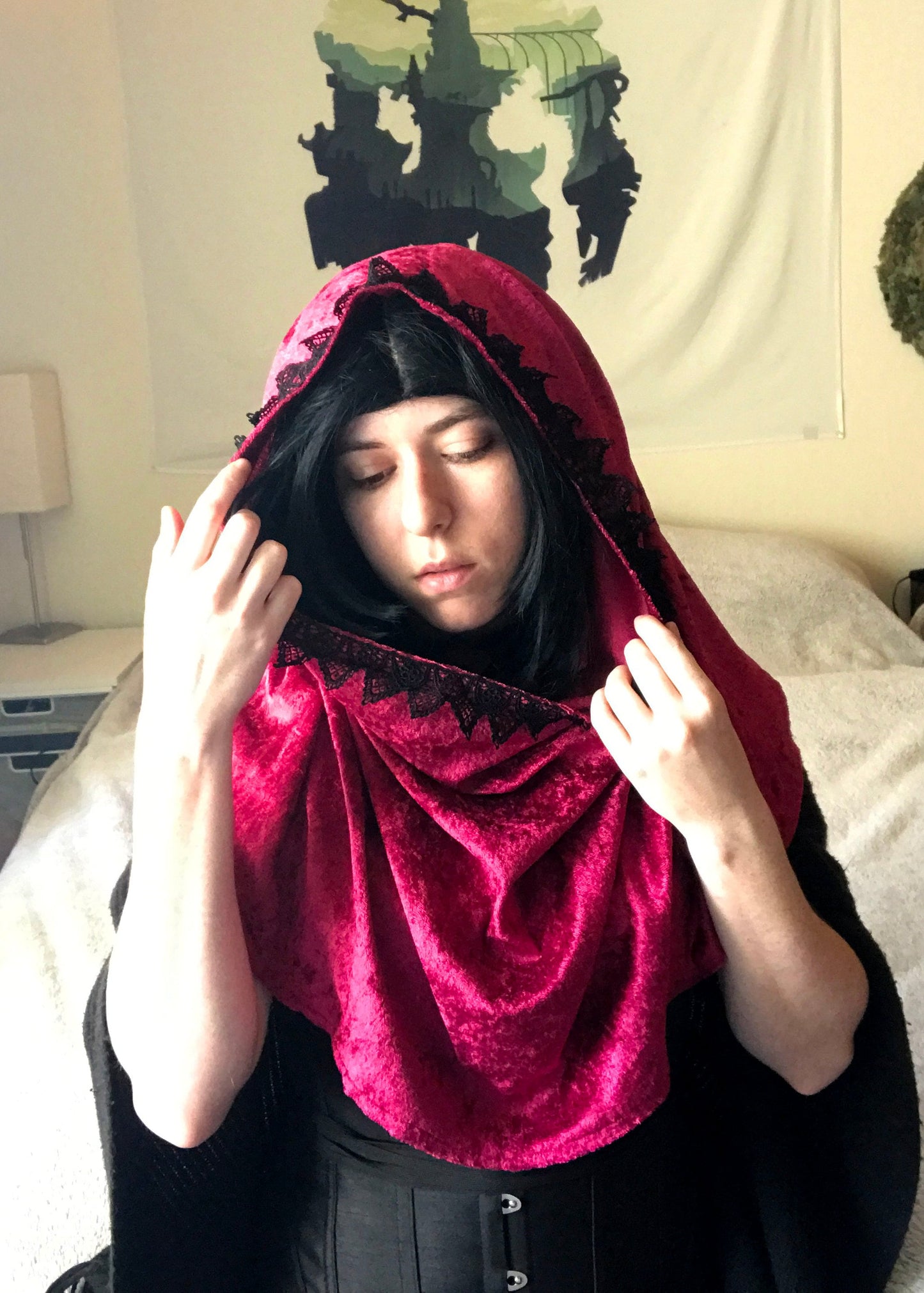 Velvet Cowl Hood | Shawl Wrap Hooded Scarf | Goth Alternative Witch Shrug | Faerie Pixie Medieval Renaissance Festival | Elven Neck Warmer
