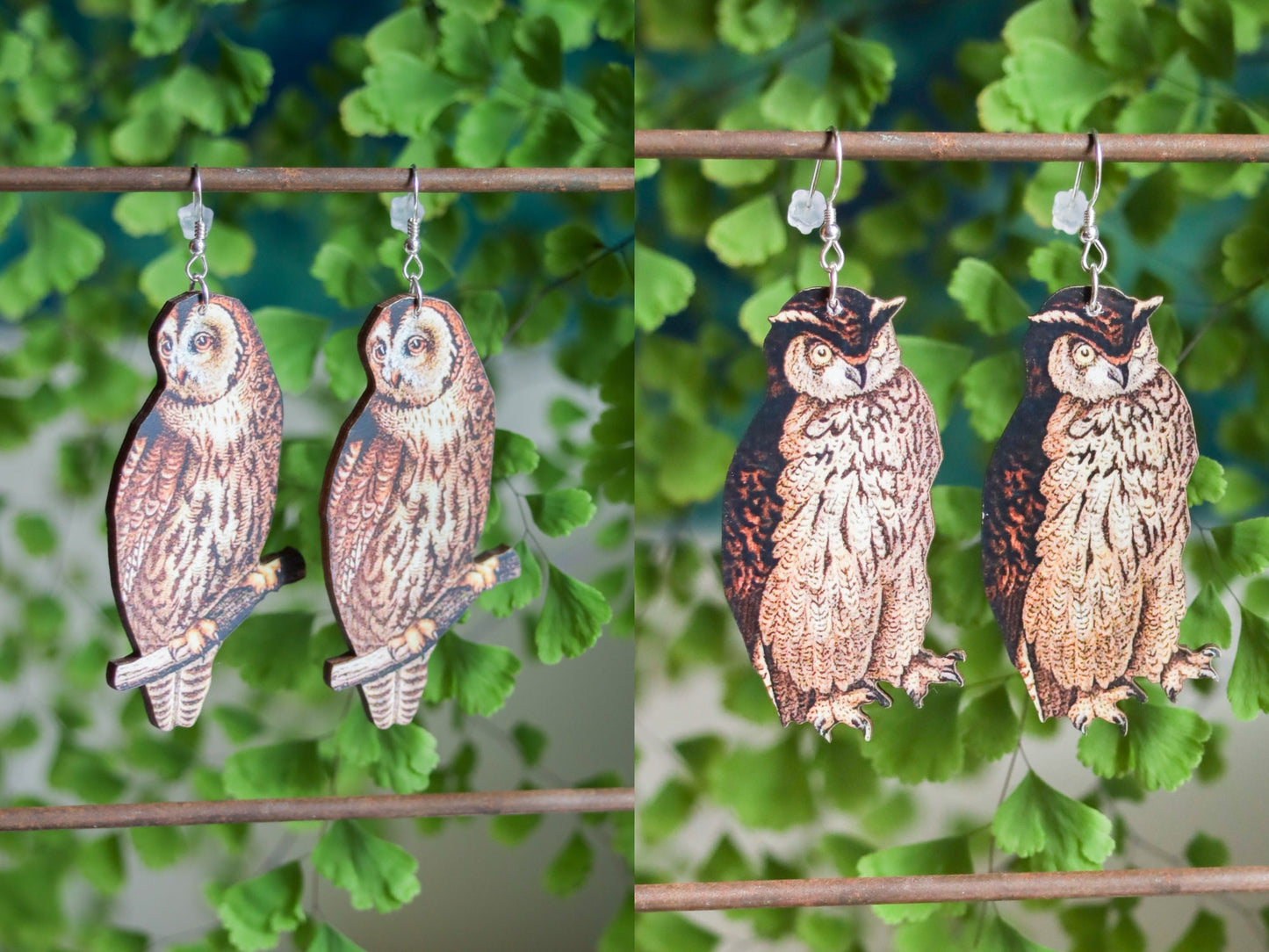 Owl Earrings | Whimsical Woodland Creature Dangles | Laser Cut Wooden Jewelry | Goblincore Fairycore Witchy Fantasy Spirit Animal