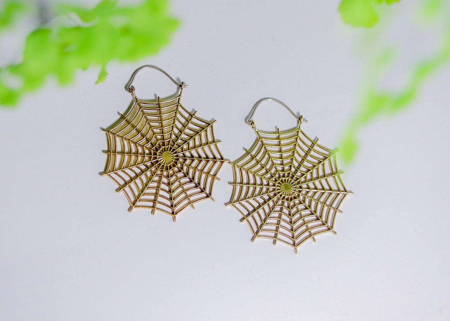 Spiderweb Hoops | Brass Gold Tone Cobweb Earrings | Halloween Spooky Gothic Geometric Jewelry | Statement Sacred Geometry Spider Arachnid