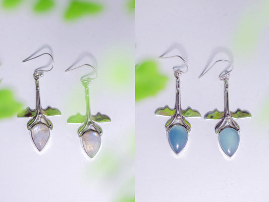 Floral Droplet Gemstone Earrings | Fairycore Boho Dangles | Sterling Silver Rainbow Moonstone Chalcedony | Whimsical Statement Jewelry