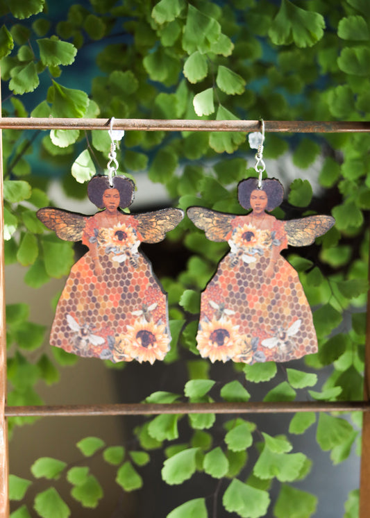 Queen Bee Earrings | Laser Wood Cut Jewelry | Honeycomb Sunflower Goddess Dangles | Winged Angel Honeybee Boho Witchy Mystical Fantasy
