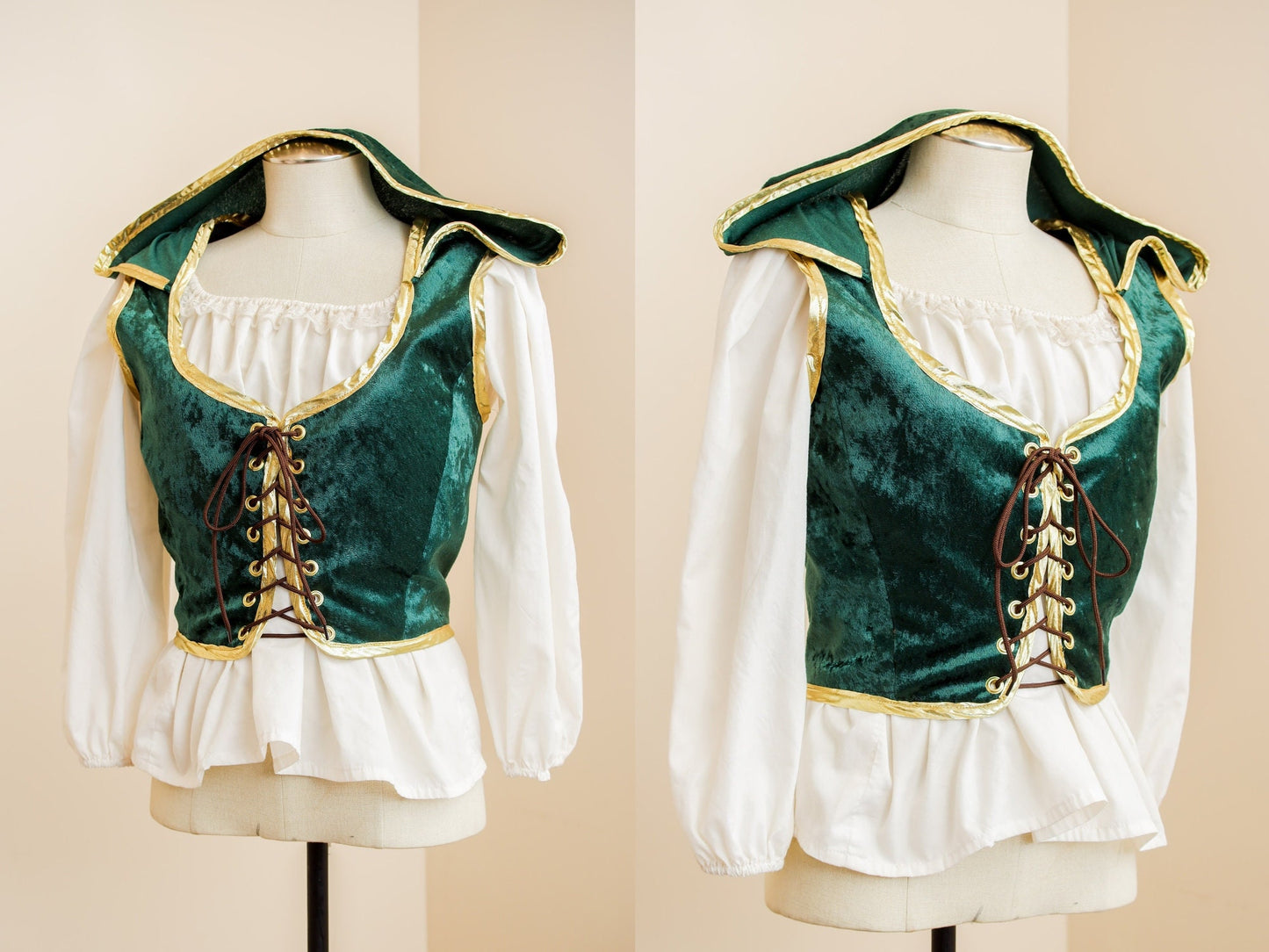 Elven Corset Bodice | Green Gold Hooded Renaissance Vest | Fairycore Goblincore Whimsical Fantasy | Forest Faerie Witchy LARP Costume