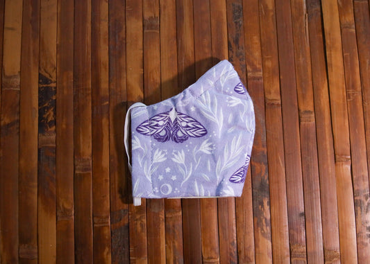 Lunar Moth Face Mask | Lavender Witchy Fairycore Flannel Cotton Dust Covering | Fitted Washable Reusable Handmade | Nose Wire Filter Pocket