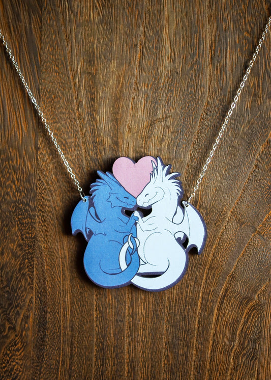 Dragon Love Pendant | Fantasy Inspired Mythical Necklace | Kawaii Nerdy Geeky Heart Jewelry | Medieval Anniversary Friendship Handmade Charm
