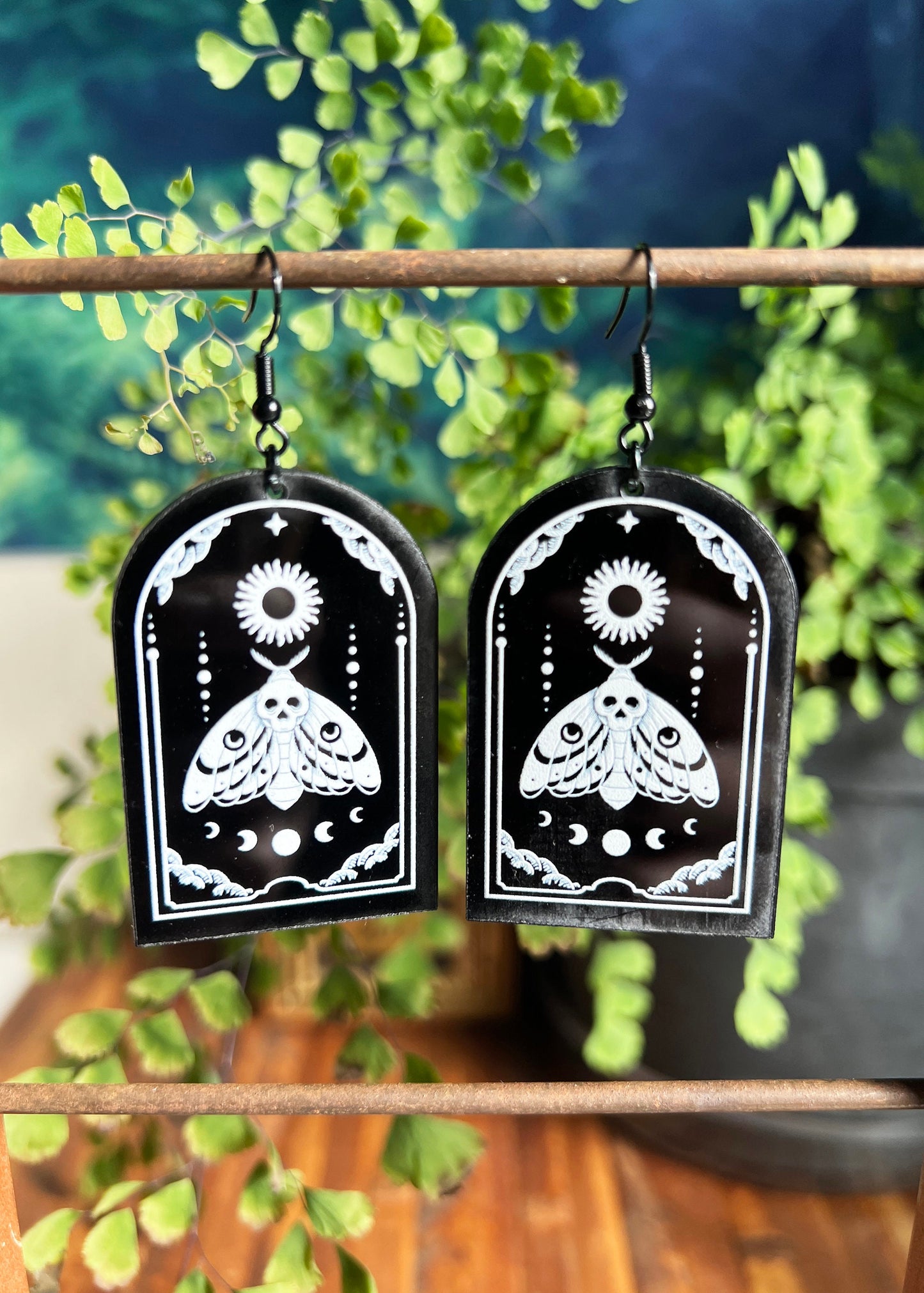 Black Acrylic Earrings | Lunar Moth Celestial Jewelry | Witch Goth Moon Fantasy Charm | Mystic Dark Academia Cottagecore Arch Entomology
