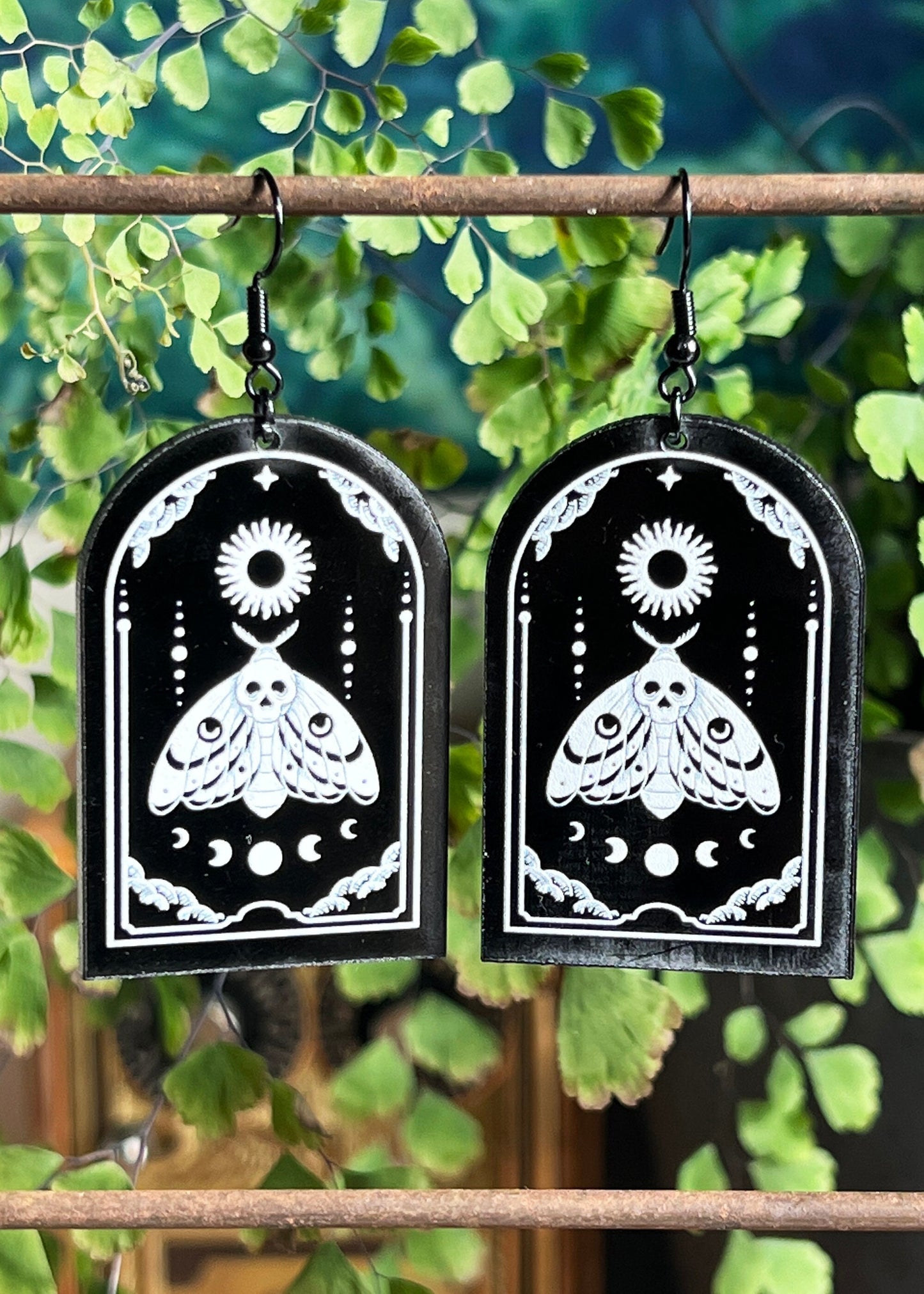 Black Acrylic Earrings | Lunar Moth Celestial Jewelry | Witch Goth Moon Fantasy Charm | Mystic Dark Academia Cottagecore Arch Entomology