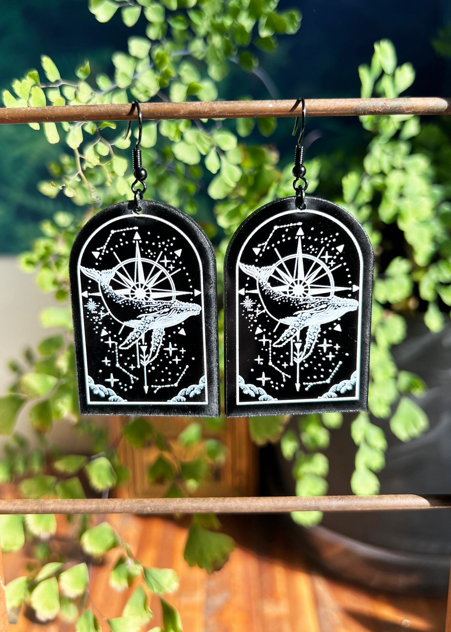Black Acrylic Earrings | Flying Whale Nautical Jewelry | Witch Goth Compass Fantasy Charm | Dark Academia Ocean Grunge Mystical Arch Dangles