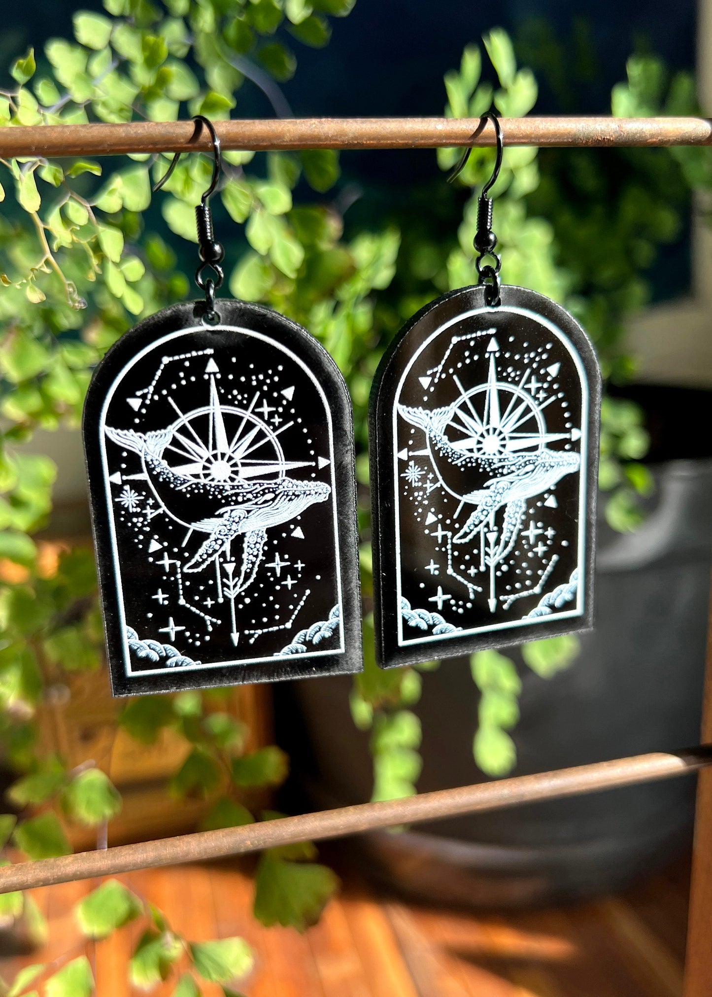 Black Acrylic Earrings | Flying Whale Nautical Jewelry | Witch Goth Compass Fantasy Charm | Dark Academia Ocean Grunge Mystical Arch Dangles