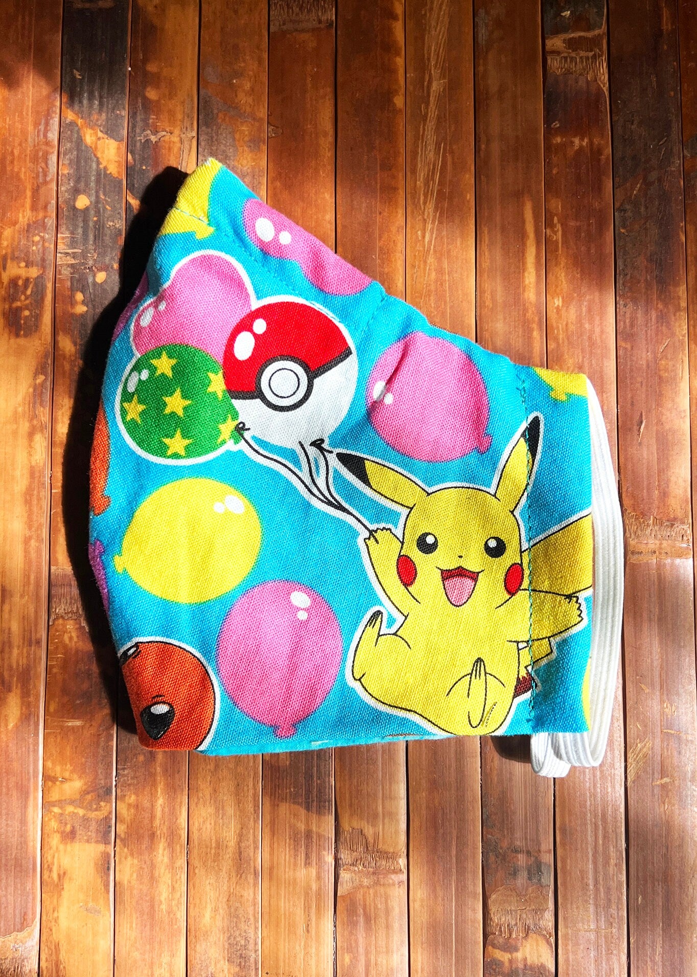 Pokemon Face Mask | Teal Blue Pikachu Party Cotton Dust Covering | Fitted Anime Nerdy Washable Reusable Handmade | Nose Wire Filter Pocket