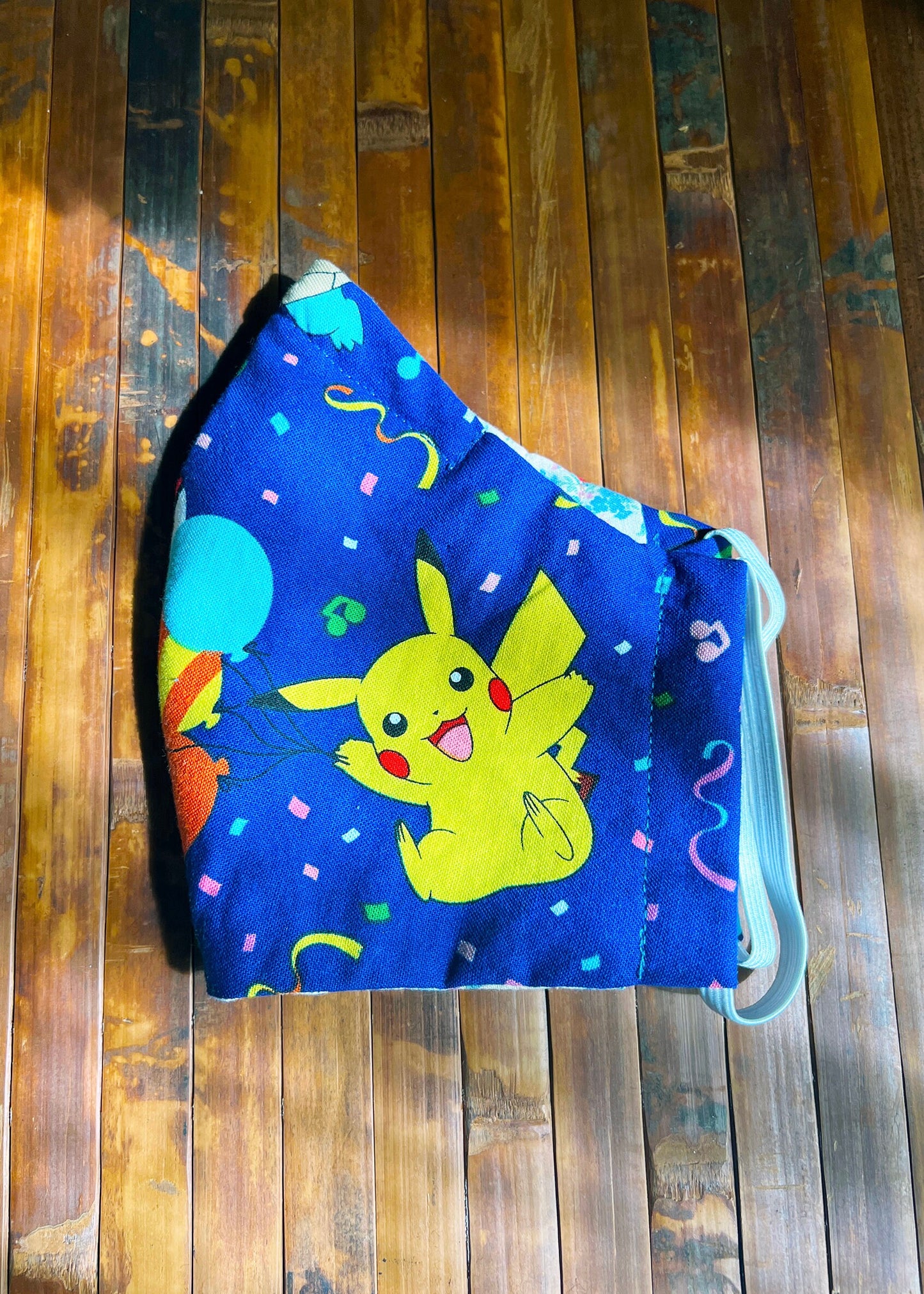 Pokemon Face Mask | Dark Blue Pikachu Party Cotton Dust Covering | Fitted Anime Nerdy Washable Reusable Handmade | Nose Wire Filter Pocket
