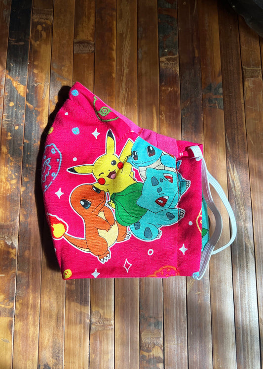Pokemon Face Mask | Hot Pink Starter Pokemon Cotton Dust Covering | Fitted Anime Nerdy Washable Reusable Handmade | Nose Wire Filter Pocket