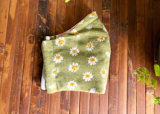Floral Flannel Face Mask | Green Daisy Flowers Flannel Cotton Dust Covering | Fitted Washable Reusable Handmade | Nose Wire Filter Pocket