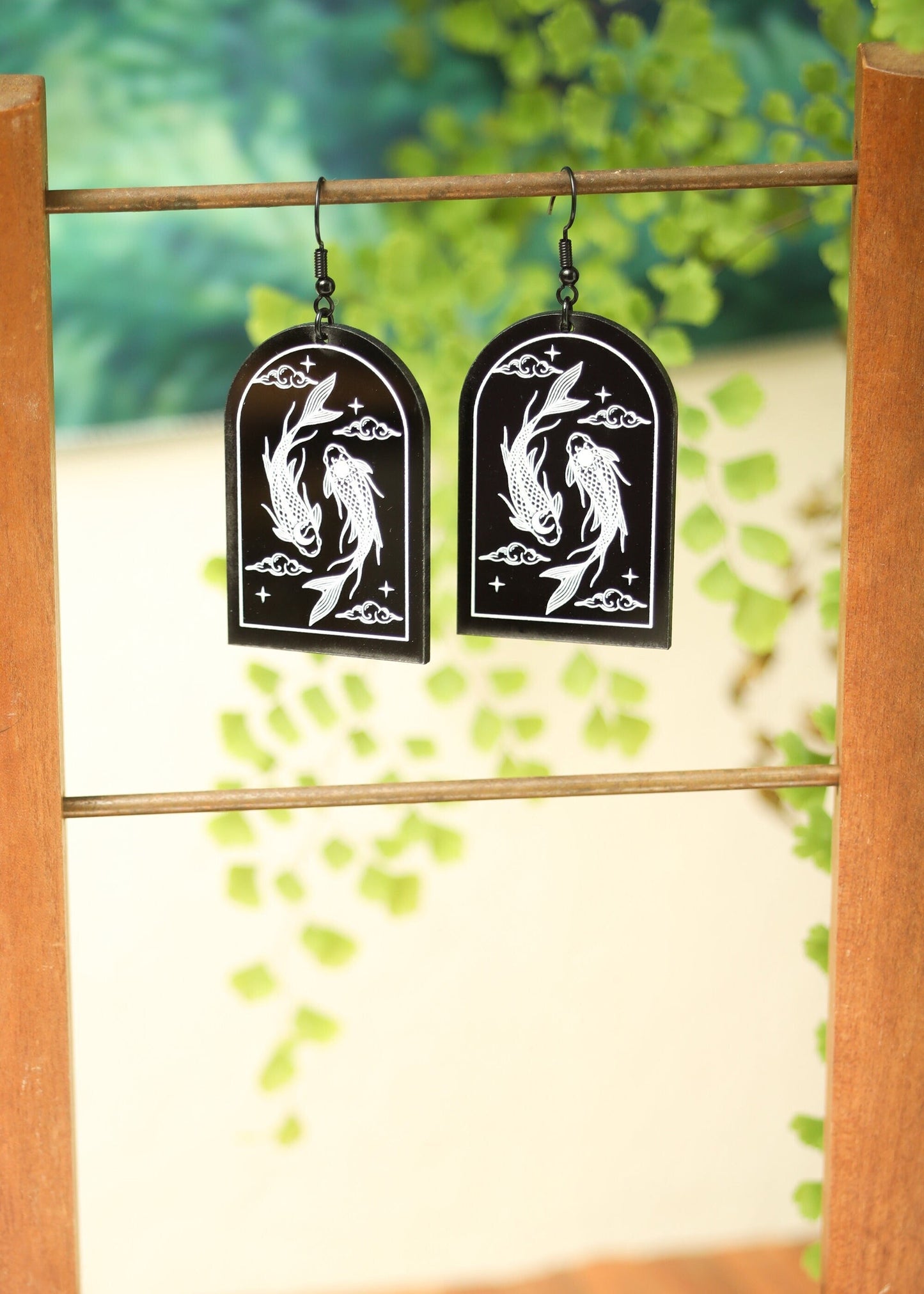 Black Acrylic Earrings | Carp Yin Yang Fish Jewelry | Witch Goth Tarot Fantasy Charm | Spiritual Koi Dark Academia Arch Japanese Chinese