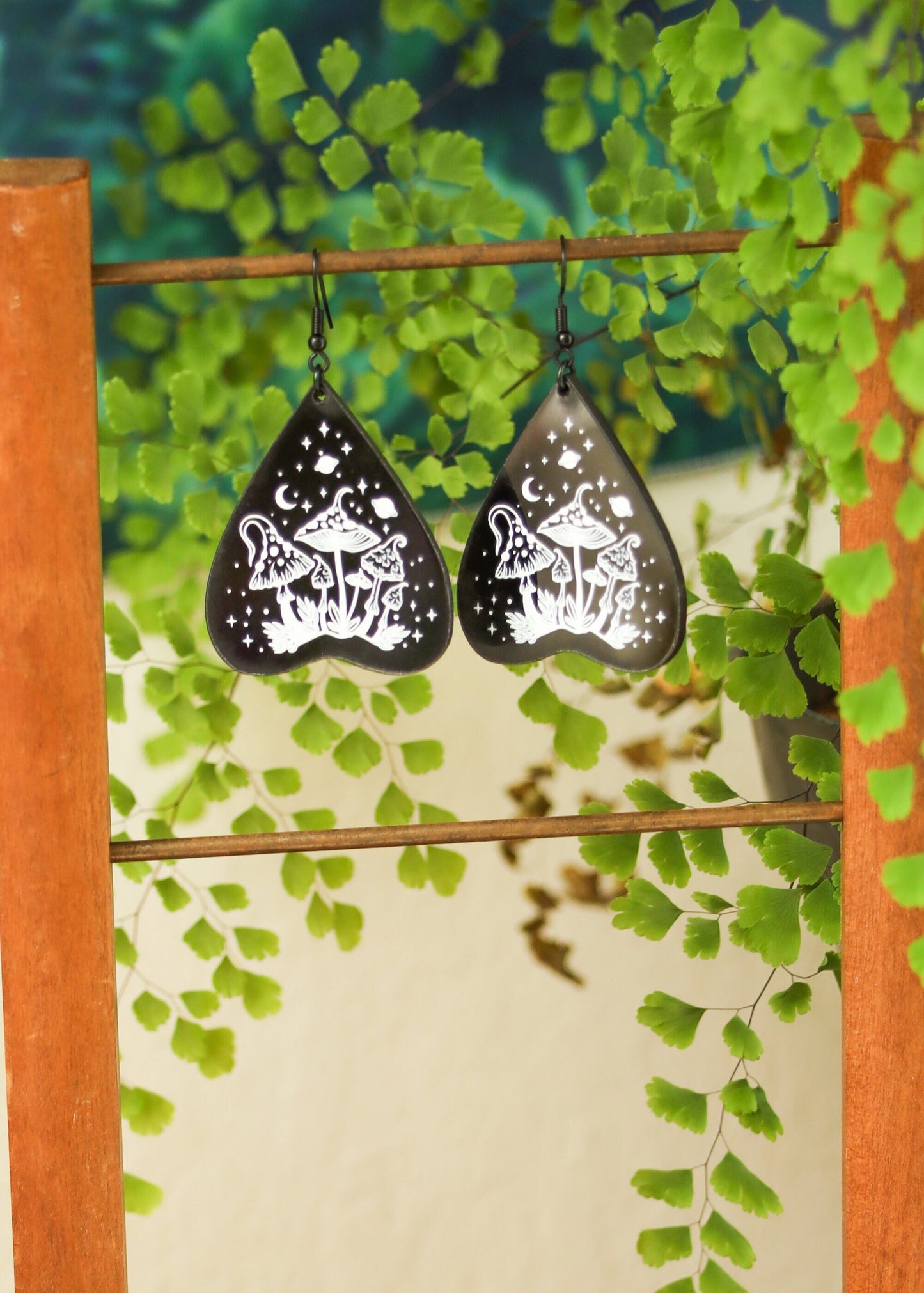 Black Acrylic Earrings | Trippy Celestial Mushroom Jewelry | Witch Goth Psychedelic Fantasy Charm | Whimsical Mystical Planchette Dangles