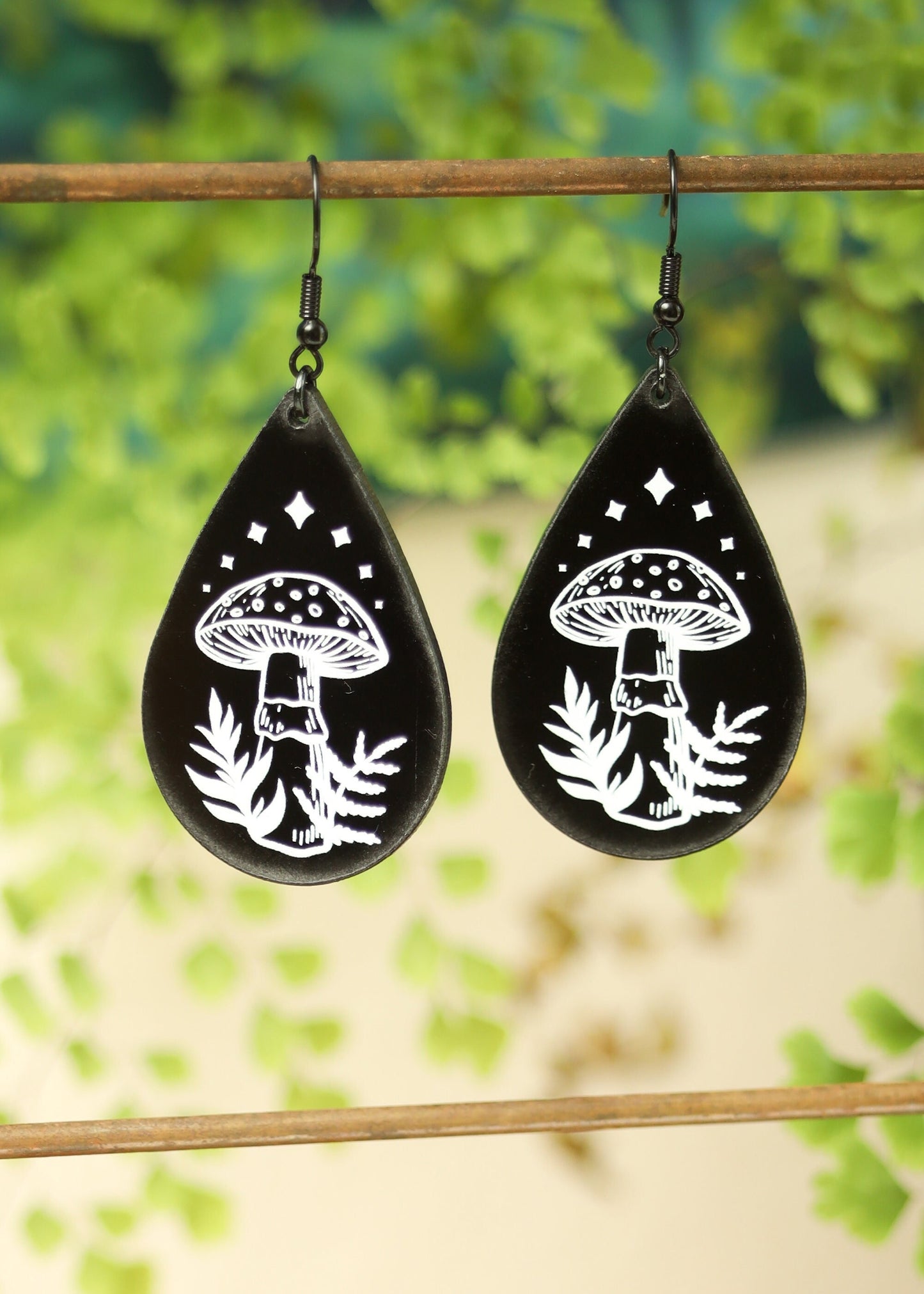 Black Acrylic Earrings | Mushroom Teardrop Jewelry | Witch Goth Whimsy Fantasy Charm | Mushroomcore Dark Academia Mycology Amanita Dangles