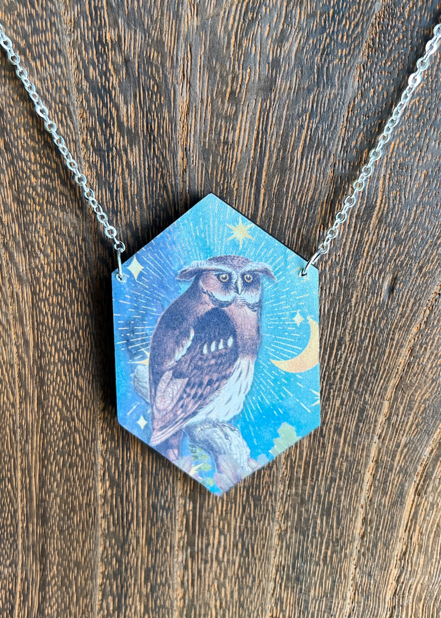 Owl Pendant | Mystical Lunar Bird Necklace | Moon Stars Celestial Diamond Charm | Cottagecore Fairycore Mythical Spirit Animal Jewelry