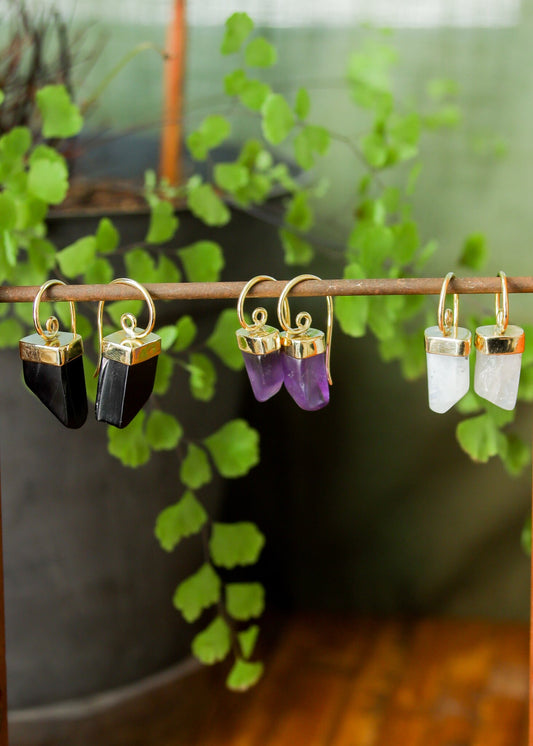 Gemstone Lantern Earrings | Brass Stone Druzy Crystal Spiral Drops | Fairycore Elven Fantasy Jewelry | Minimalist Geometric Boho Goddess