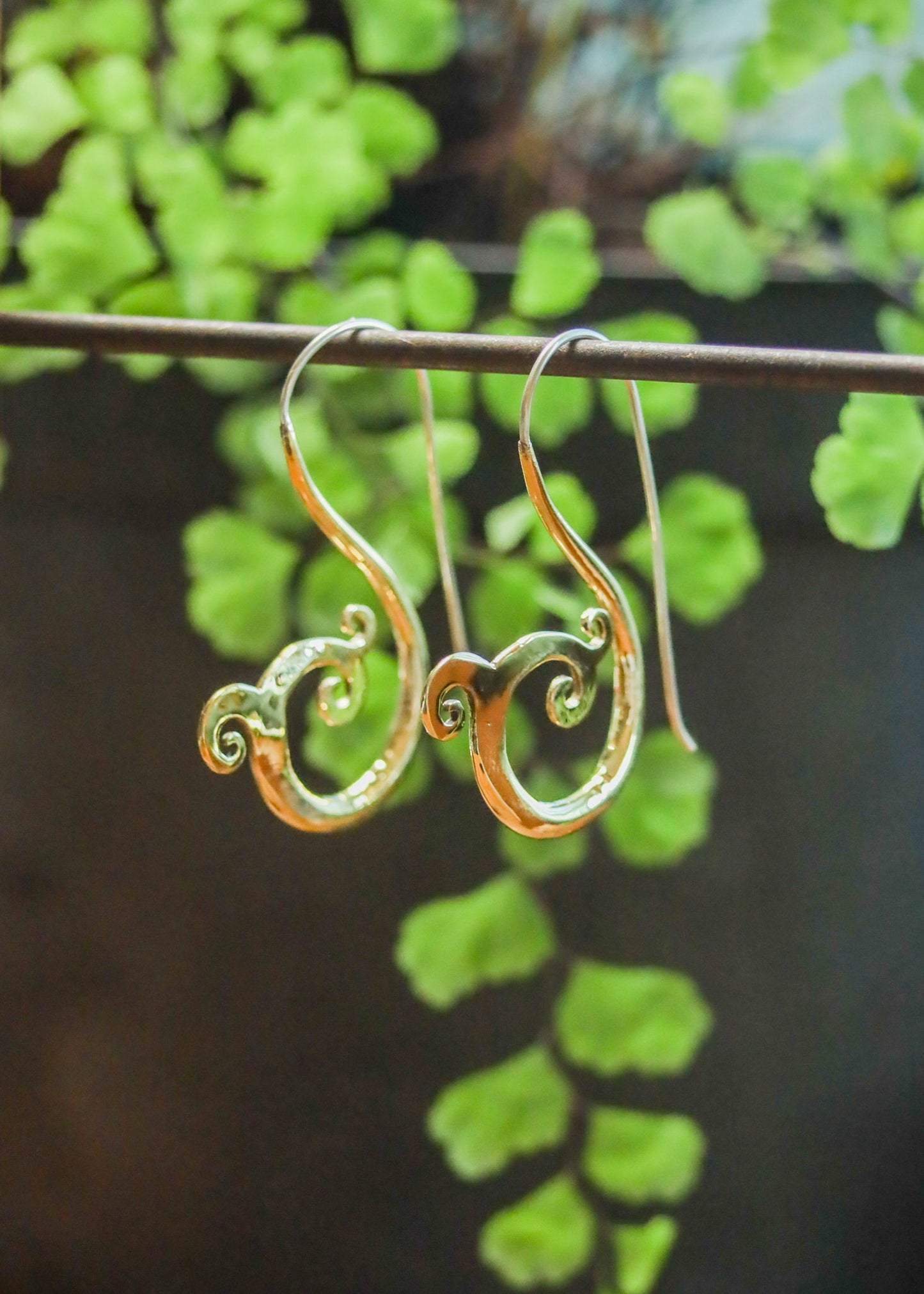 Brass Wave Spiral Earrings | Geometric Ocean Nature Inspired Jewelry | Elven Fairycore Whimsical Fantasy Cottagecore | Boho Gold Tone Hoops