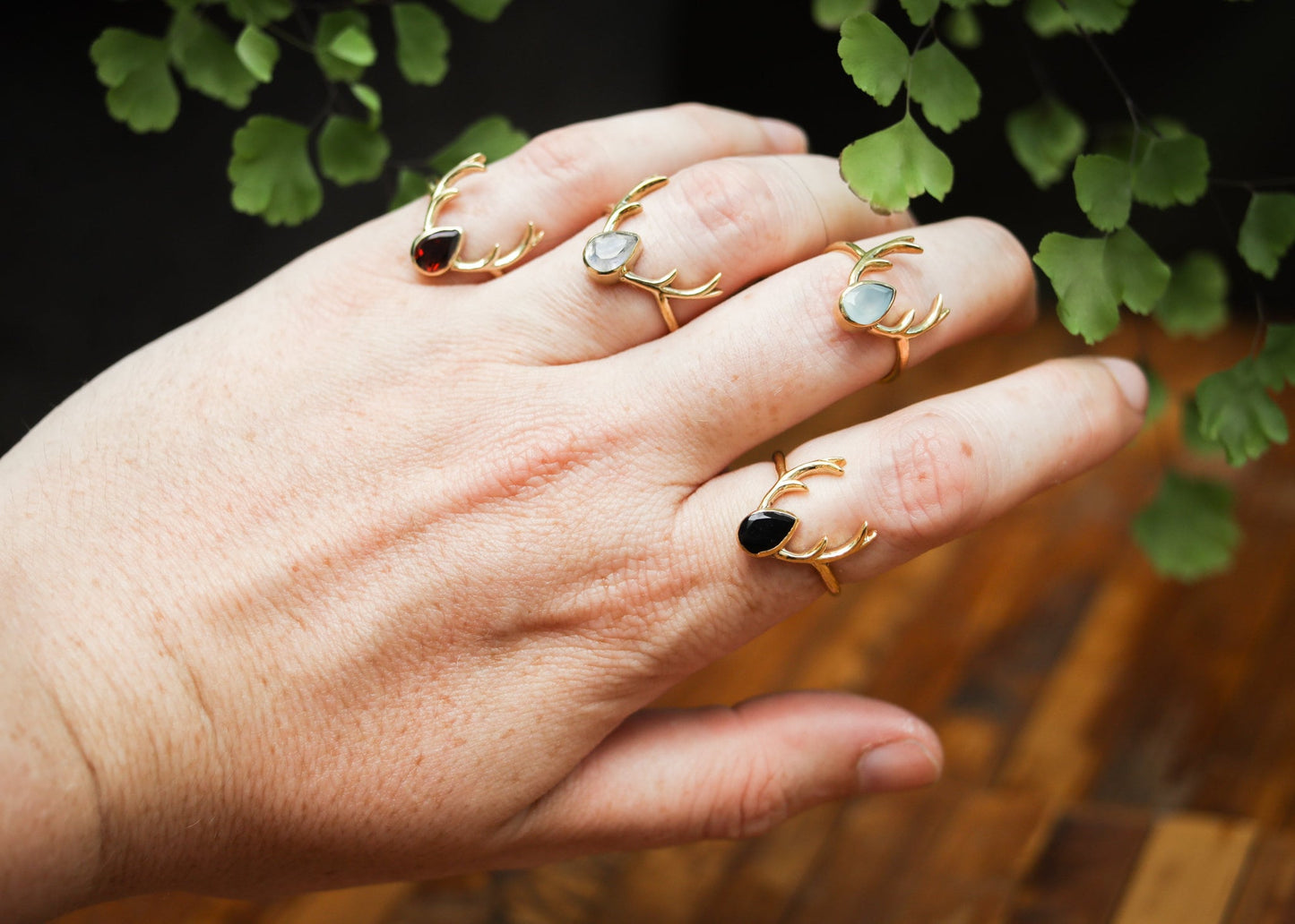 Deer Antler Ring | Brass Stag with Teardrop Gemstone | Rainbow Moonstone Onyx Chalcedony | Boho Fairycore Elven Whimsical | Animal Horn Gem