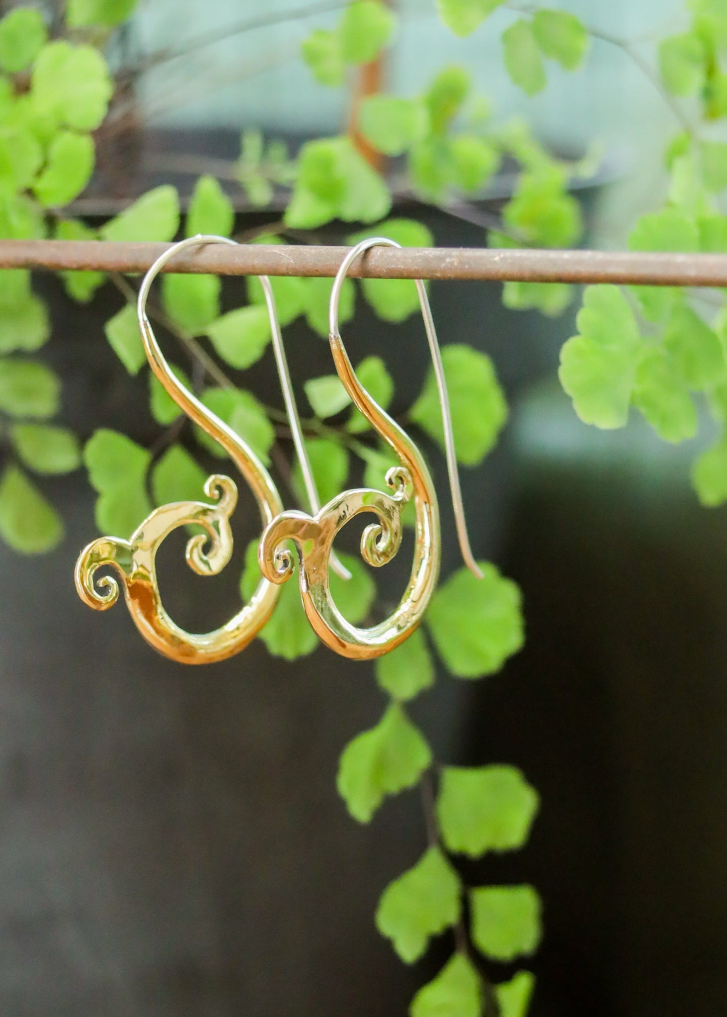Brass Wave Spiral Earrings | Geometric Ocean Nature Inspired Jewelry | Elven Fairycore Whimsical Fantasy Cottagecore | Boho Gold Tone Hoops