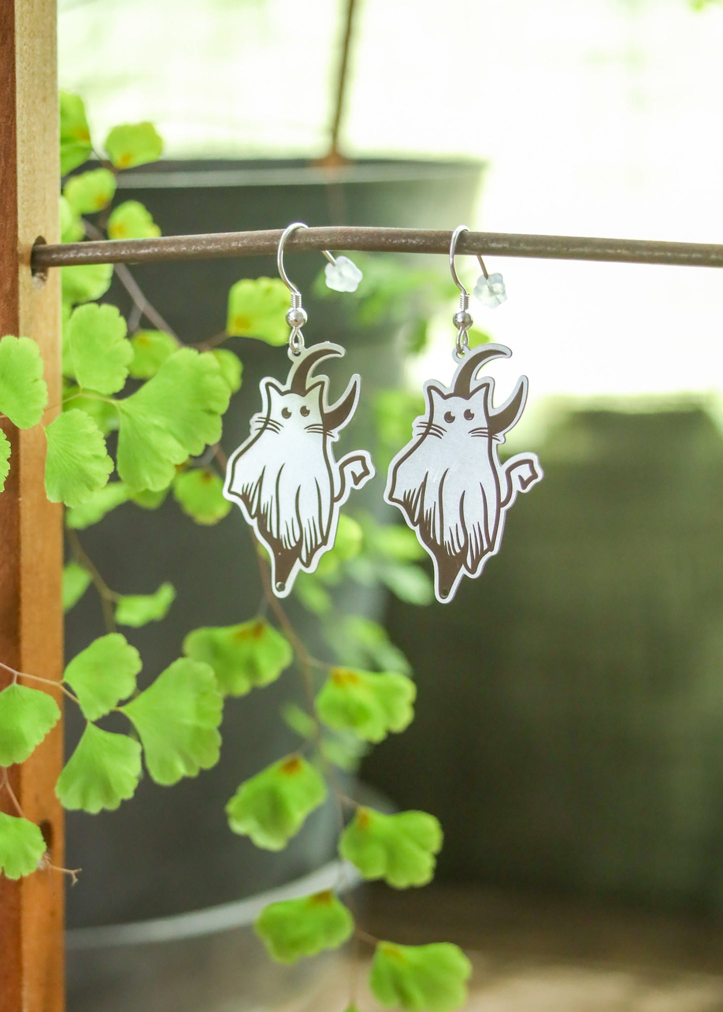 Ghost Cat Earrings | Witchy Halloween Kitty Dangles | Stainless Steel Charm Sterling Silver Ear Wire | Spooky Kawaii Cottagecore Jewelry