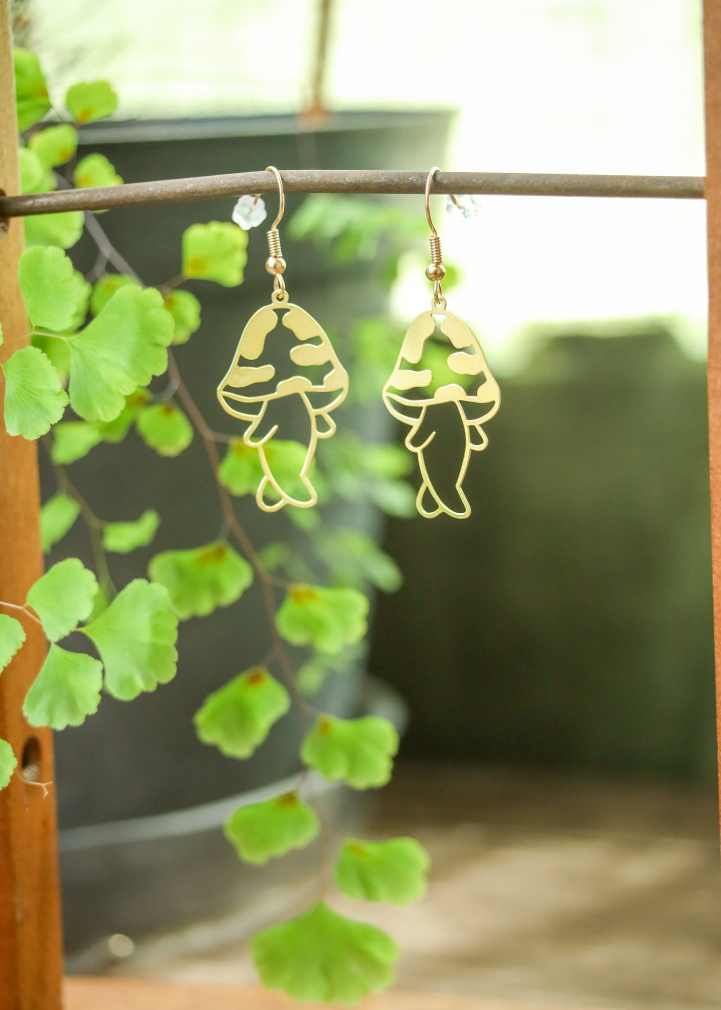 Chibi Mushroom Earrings | Chubby Cute Mushy Dangles | Brass Amanita Shroom Gold Plated Ear Wire | Gold Tone Kawaii Cottagecore Jewelry