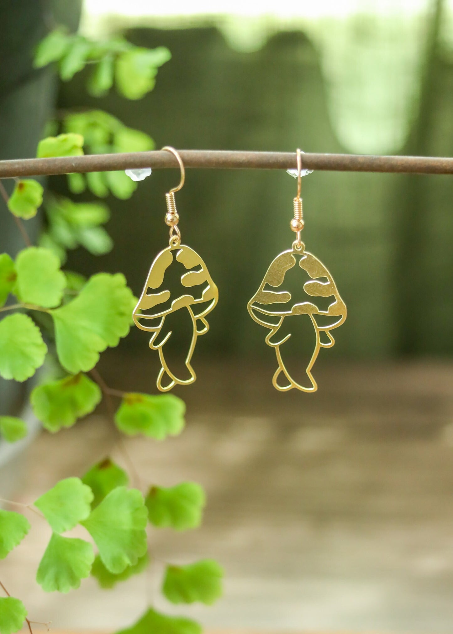 Chibi Mushroom Earrings | Chubby Cute Mushy Dangles | Brass Amanita Shroom Gold Plated Ear Wire | Gold Tone Kawaii Cottagecore Jewelry
