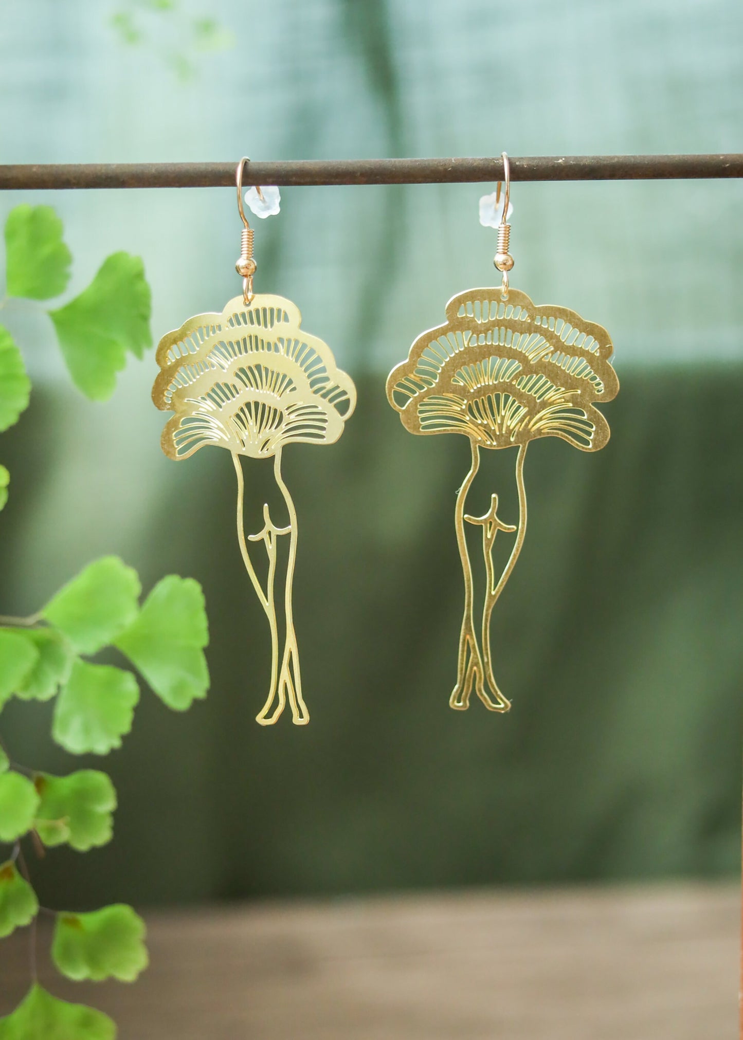 Mushroom Lady Earrings | Witchy Chanterelle Fungi Dangles | Brass Gold Tone Fairycore Fantasy Jewelry | Cottagecore Toadstool Legs Charm