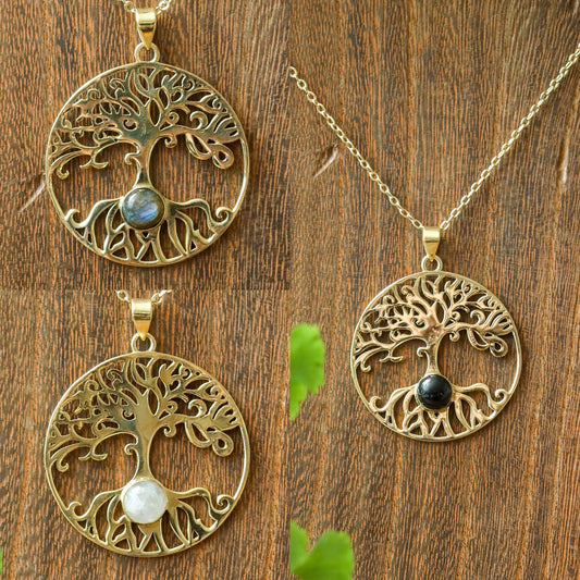 Tree of Life Pendant | Gemstone Nature Inspired Necklace | Birthstone Spiritual Celtic Boho Charm | Labradorite Rainbow Moonstone Onyx