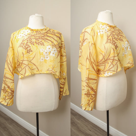 Floral Chiffon Top | Cottagecore Long Sleeve Pullover | Sheer Yellow Cropped Blouse | Fairycore Kawaii Festivalwear | Sexy Spring Summer