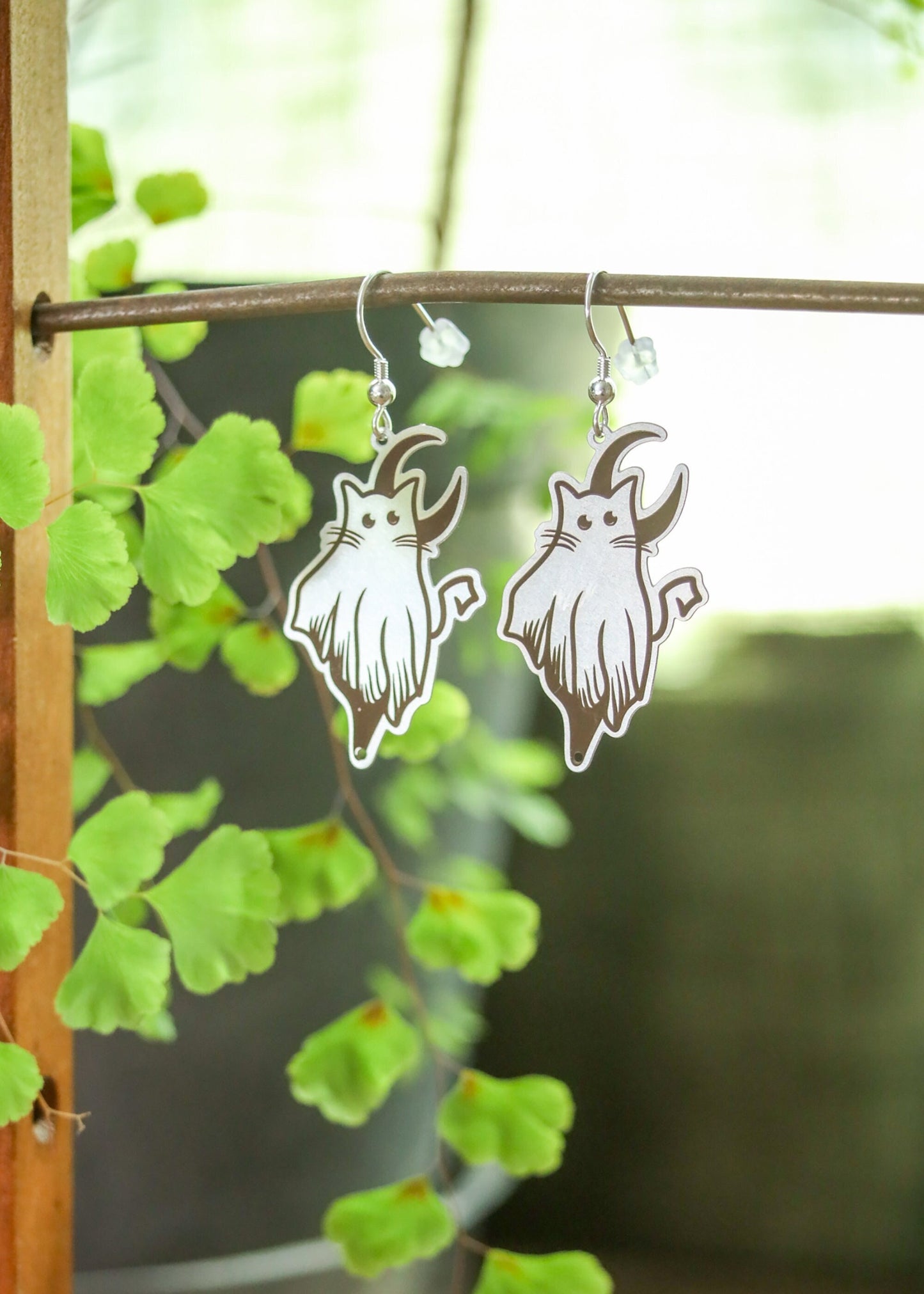Ghost Cat Earrings | Witchy Halloween Kitty Dangles | Stainless Steel Charm Sterling Silver Ear Wire | Spooky Kawaii Cottagecore Jewelry