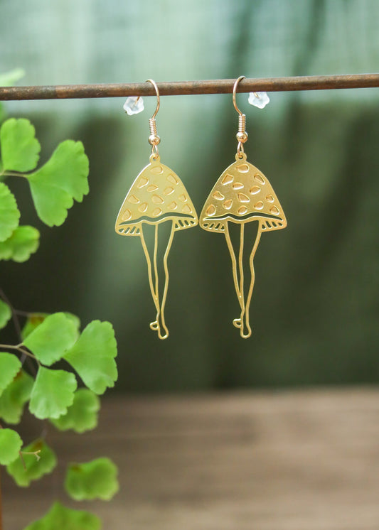 Mushroom Lady Earrings | Witchy Amanita Fungi Dangles | Brass Gold Tone Fairycore Fantasy Jewelry | Cottagecore Boho Toadstool Legs Charm