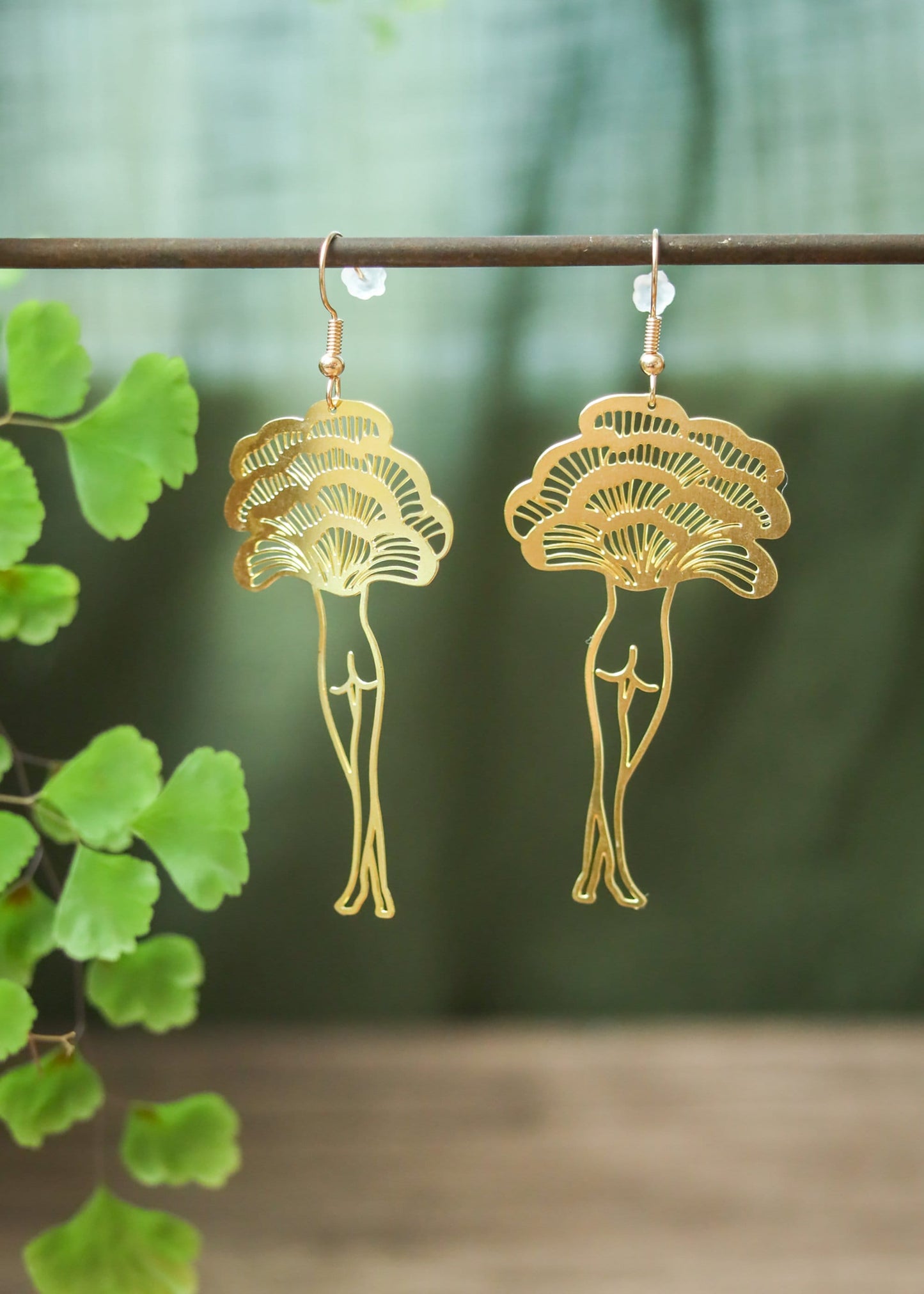 Mushroom Lady Earrings | Witchy Chanterelle Fungi Dangles | Brass Gold Tone Fairycore Fantasy Jewelry | Cottagecore Toadstool Legs Charm