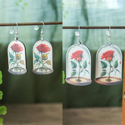 Glass Rose Earrings | Fairytale Story Book Fantasy Jewelry | Whimsical Fantasy Floral Jar Dangles | Laser Cut Wood Boho Fairycore Charms