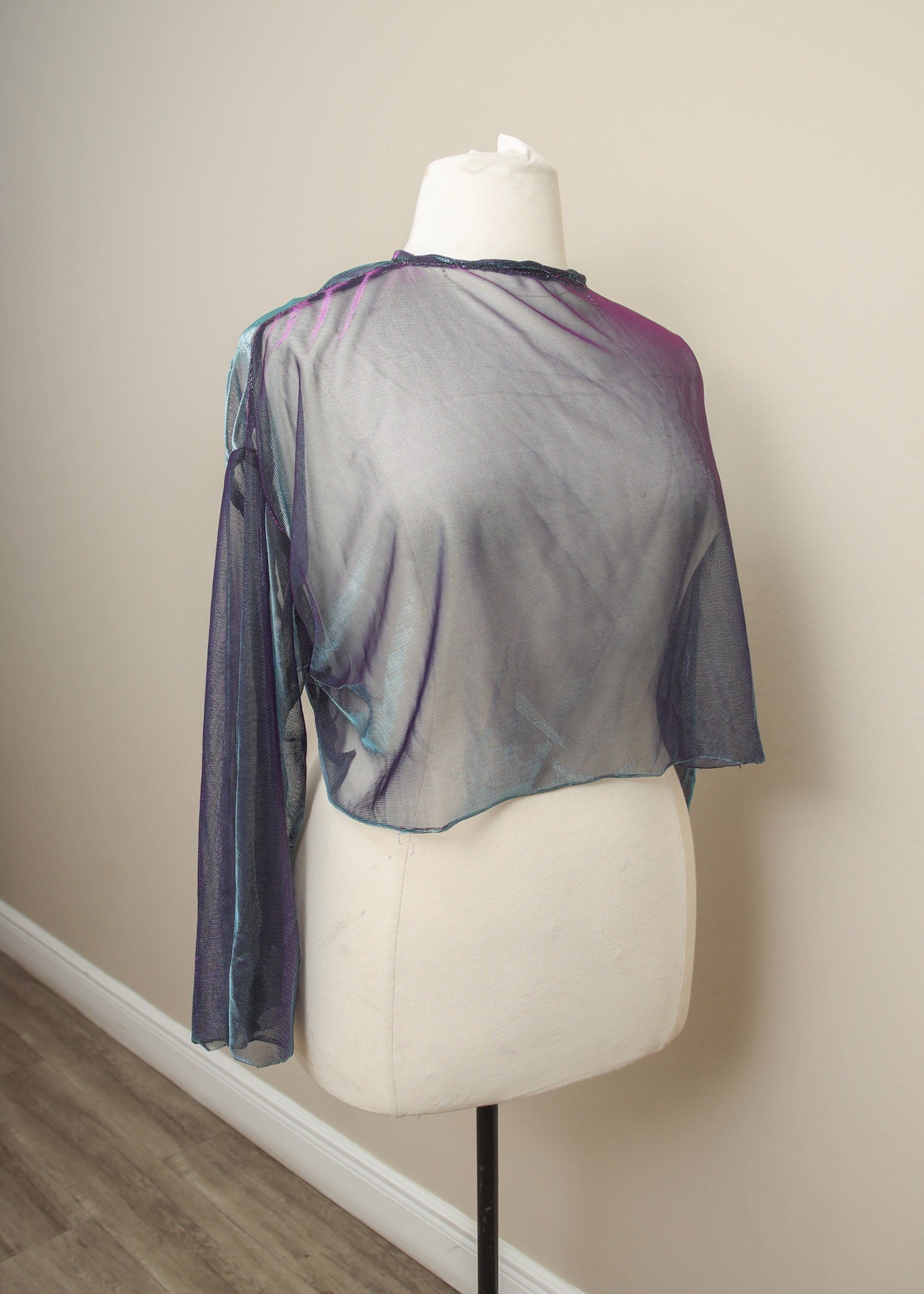Iridescent Mesh Top Blue Long Sleeve Pullover Sheer Cropped Blouse Ragavon