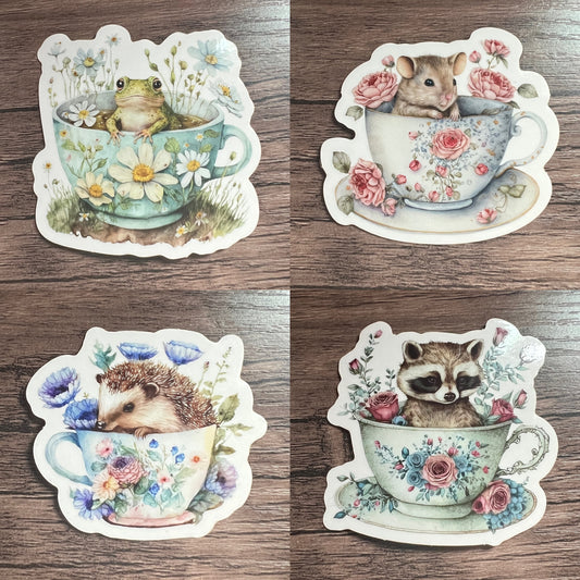 Teacup Critters Sticker | Whimsical Fantasy Laptop Decal | Goblincore Cottagecore Art Journal Scrapbooking | Mouse Frog Raccoon Hedgehog